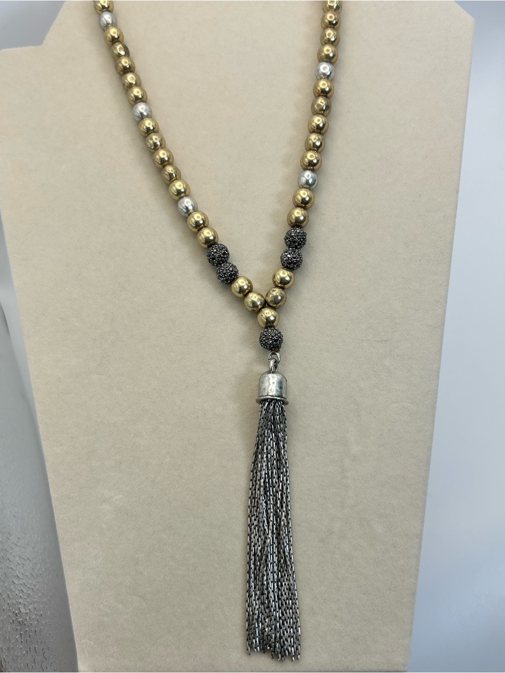 Lucky Brand Long Beaded Tassel Necklace 32" Chain, Pendant 4" Two-Tone Boho